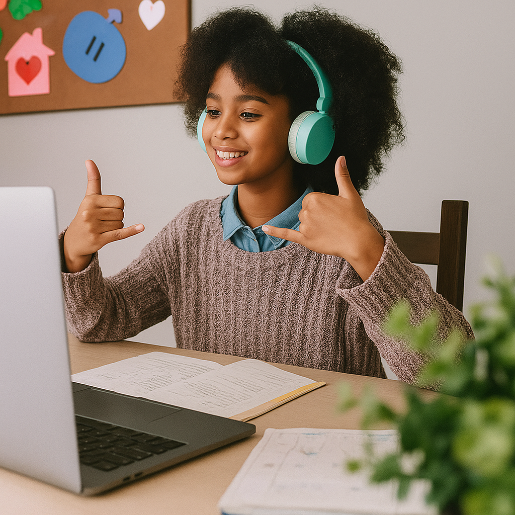 Girl with headset on a laptop